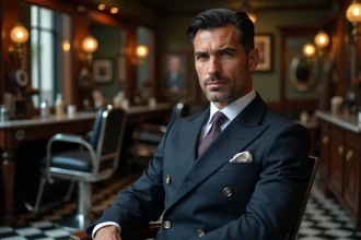 Homme aux cheveux coiffés en style mafieux italien avec brillantine dans un salon de coiffure vintage