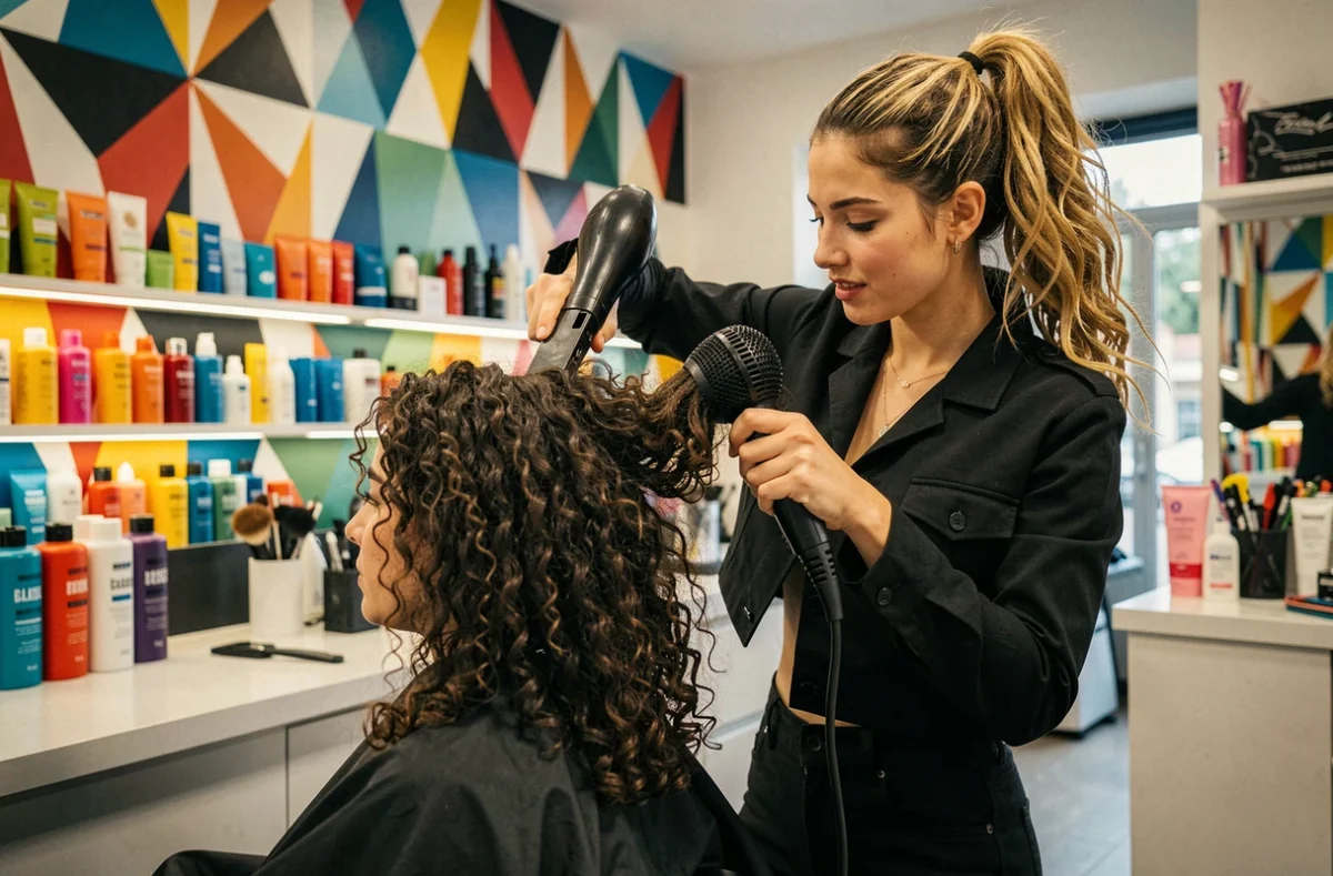 Coiffeuse effectuant un brushing sur cheveux bouclés dans le salon Cut'n Play à La Valette-du-Var