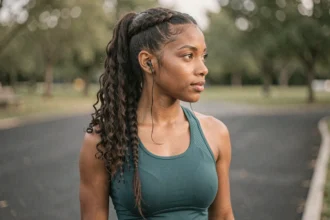 Jeune femme sportive avec une demi-tresse naturelle sur une piste d'athlétisme en plein air