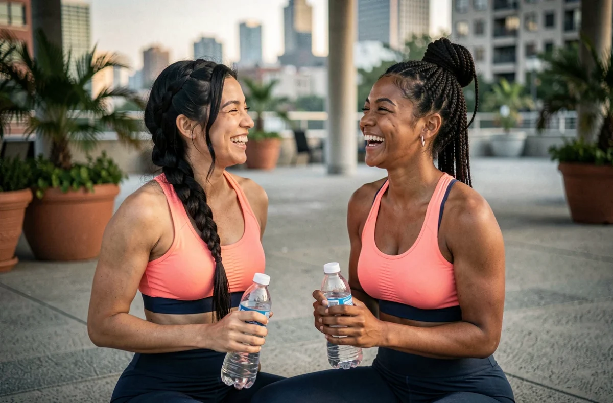 Deux femmes sportives avec des demi-tresses créatives se reposant après un entraînement en extérieur
