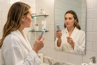 Femme tenant un tube de dentifrice MARVIS devant un miroir de salle de bain épurée, illustrant une routine bucco-dentaire premium avant après