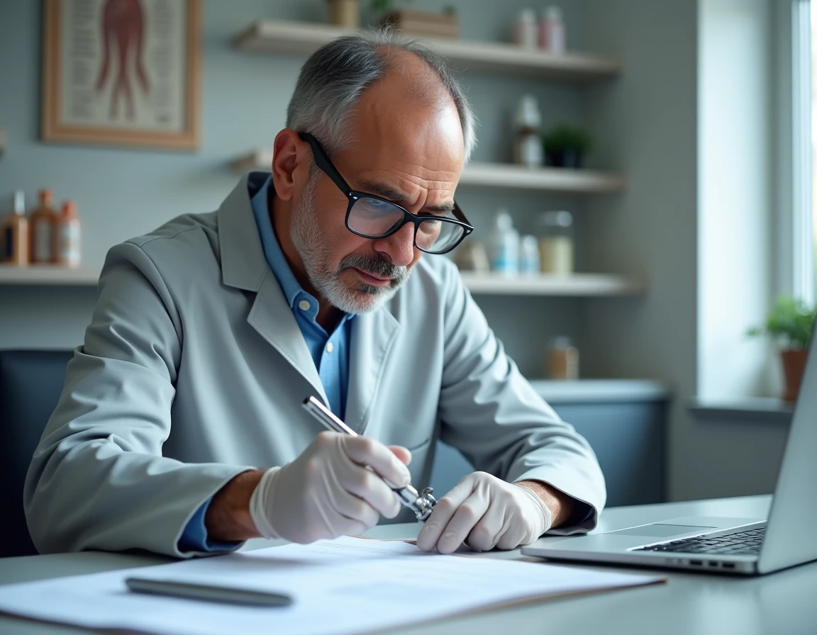 Dermatologue examinant un dermaroller en cabinet médical, analyse des innovations et protocoles capillaires professionnels