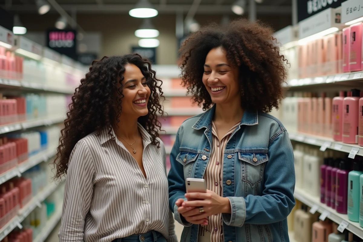 Deux femmes aux textures de cheveux bouclés différentes comparant des produits capillaires dans le rayon Ulta