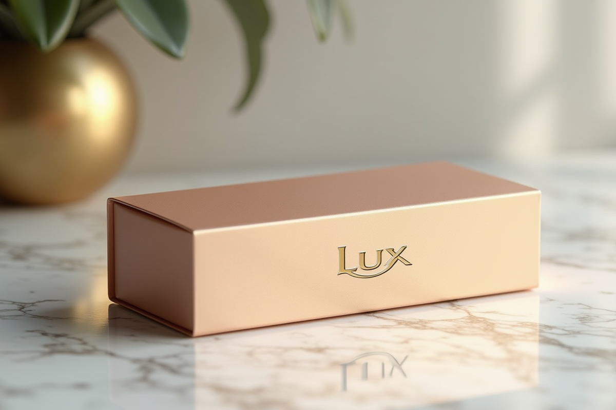 Packaging luxe avec logo Lux sur table en marbre