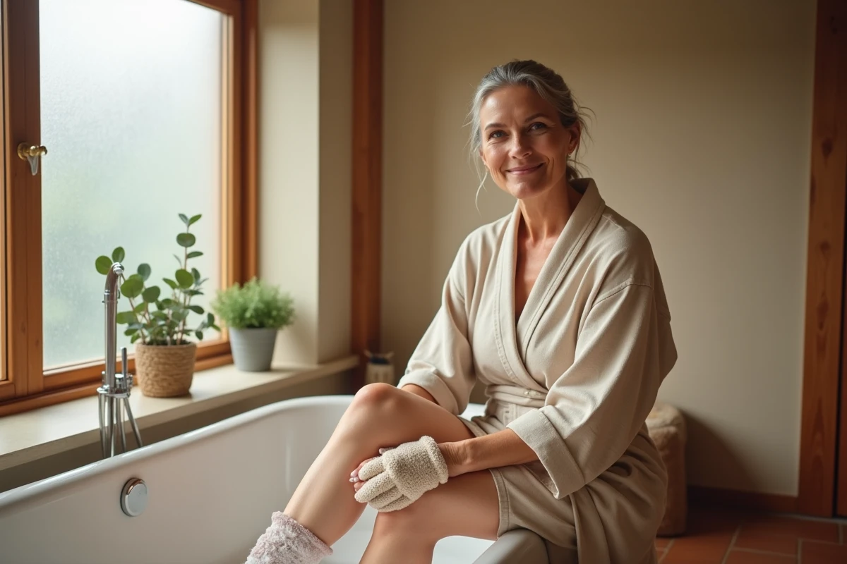 Femme mature exfoliant sa jambe avec un gant en fibres naturelles au bord d'une baignoire dans une salle de bain au style organique chaleureux