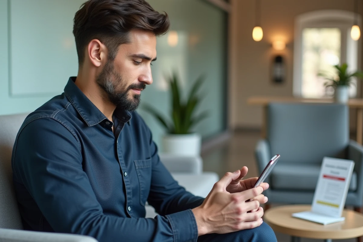 Un homme consulte un plan de paiement en ligne sur son smartphone dans la salle d'attente d'une clinique laser
