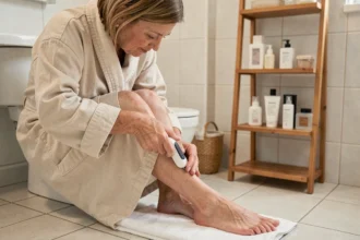 Femme utilisant un appareil électrique pour désépaissir les ongles des pieds dans une salle de bain moderne