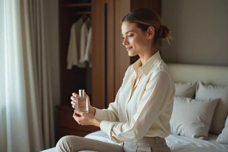 Femme appliquant du parfum dans une chambre moderne