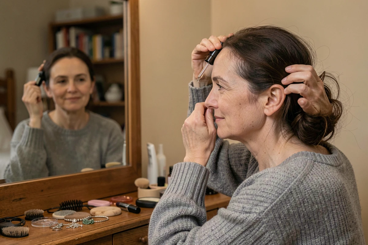 Femme appliquant un sérum anti-chute sur le cuir chevelu devant un miroir, espérant un résultat efficace contre la chute de cheveux