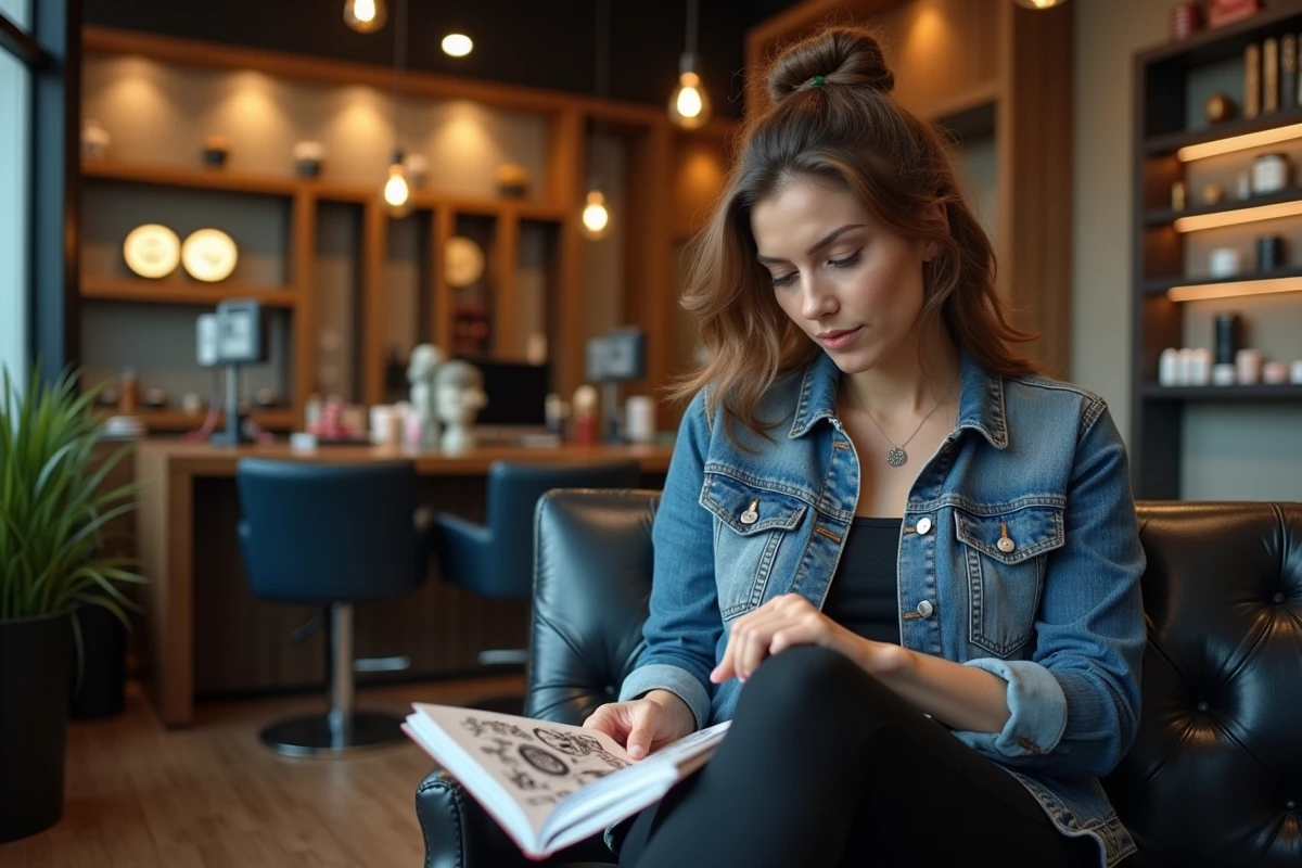 Femme détendue dans un studio de tatouage et piercing en attente