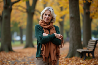 Femme d'âge moyen dans un parc automnal examine des écharpes