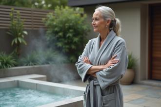 Femme en peignoir gris près d'une baignoire extérieure