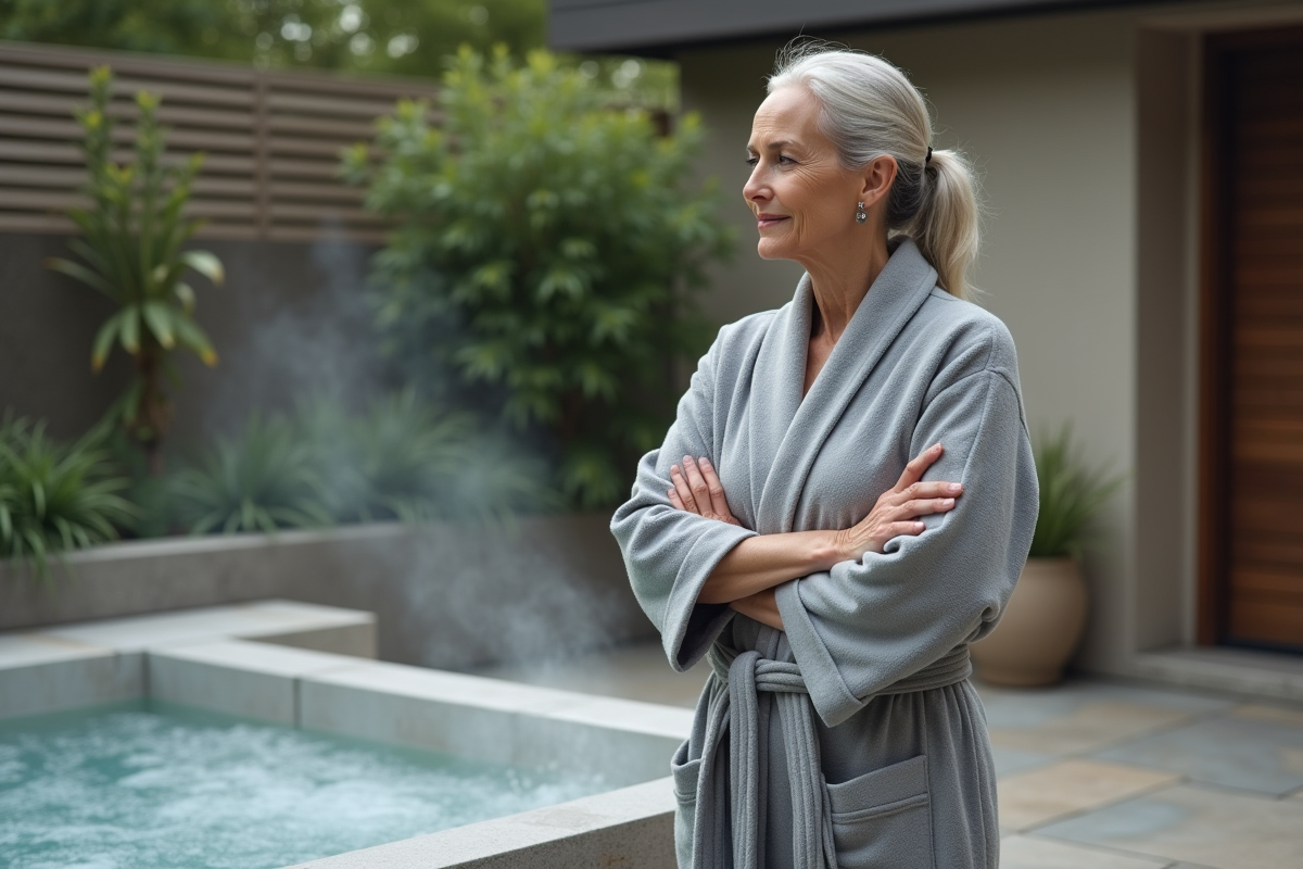 Femme en peignoir gris près d'une baignoire extérieure