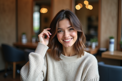 Femme brune souriante avec coiffure naturelle et volumineuse