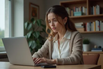 Femme lisant des avis en ligne dans un bureau moderne