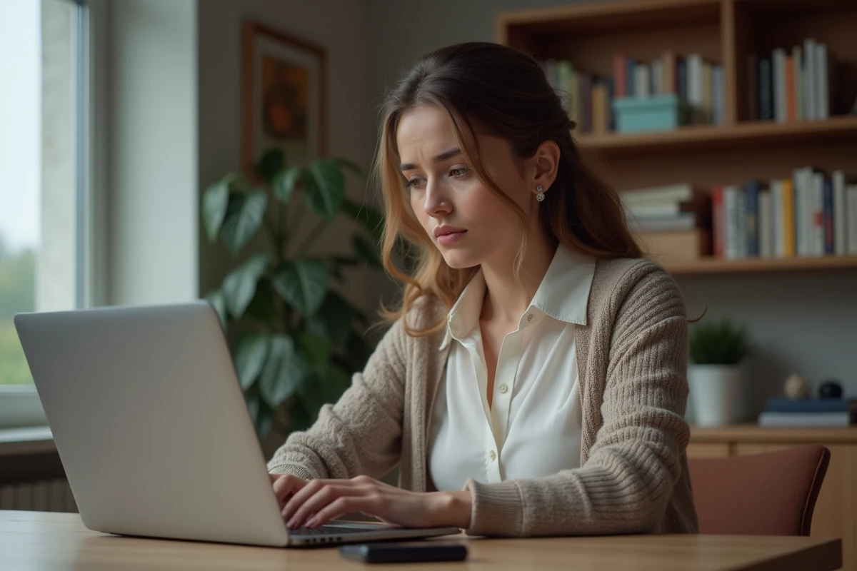 Femme lisant des avis en ligne dans un bureau moderne
