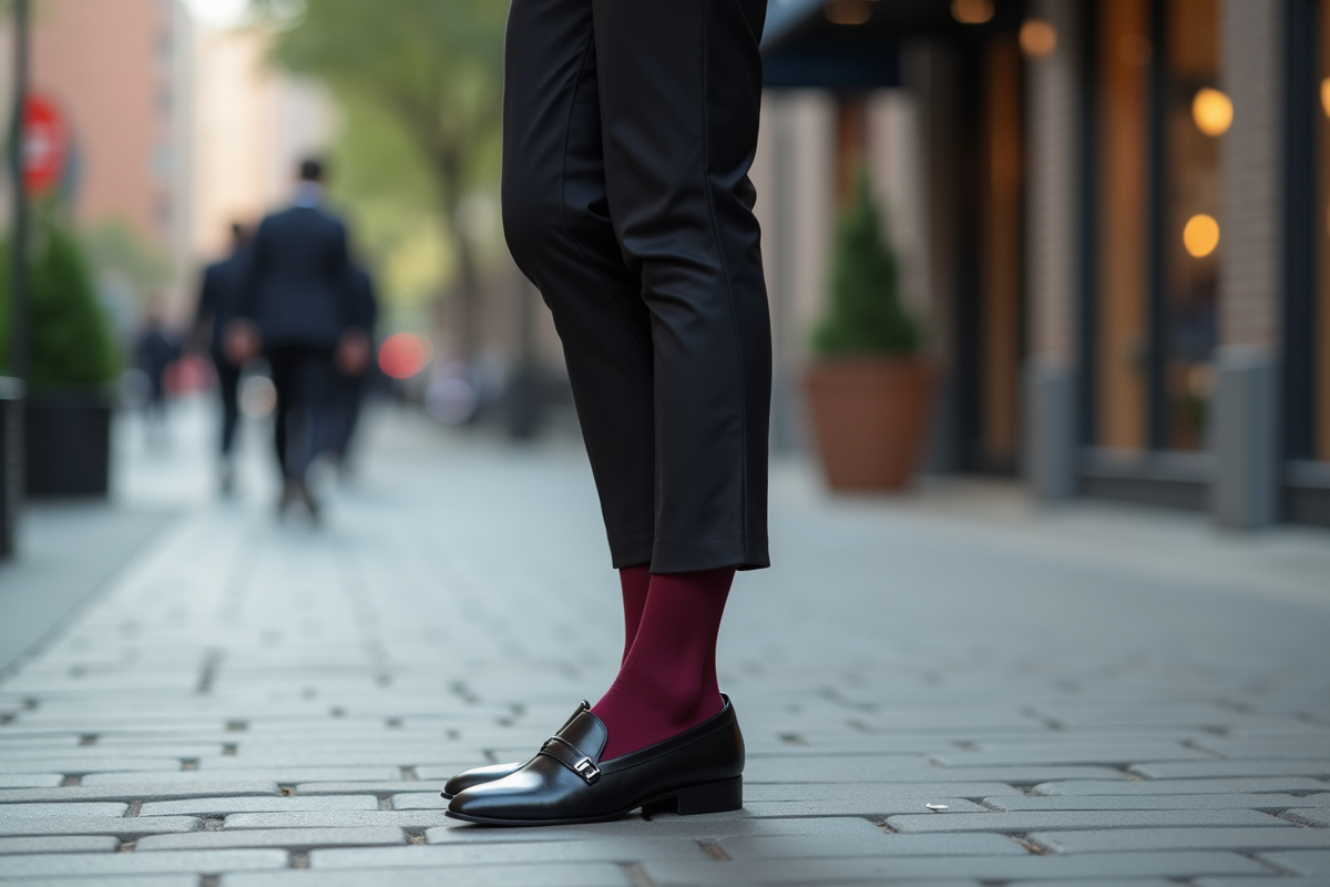 Femme en tailleur et chaussettes bordeaux sur trottoir urbain