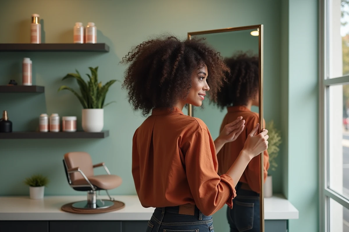 Femme aux cheveux bouclés naturels volumineux dans un salon de coiffure contemporain
