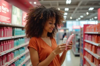 Femme aux cheveux bouclés naturels dans un rayon Ulta Beauty examinant des produits de soin capillaire