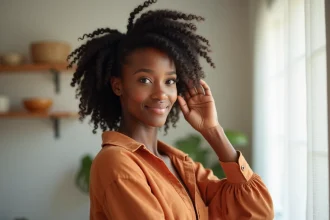 Jeune femme noire aux cheveux frisés coiffés en vanilles comme coiffure protectrice, portant un chemisier en lin terracotta, posant dans un intérieur minimaliste chaleureux