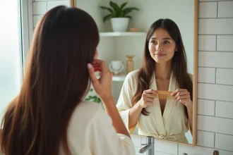Femme aux cheveux longs bruns se coiffant devant un miroir, illustrant la pousse naturelle des cheveux