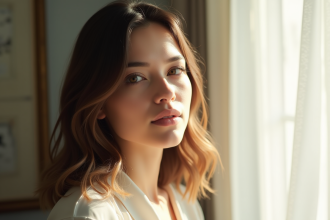 Femme aux cheveux mi-longs et lumineux dans une pièce