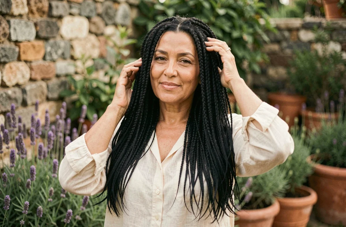 Femme mature aux cheveux noirs henné brillants dans un jardin méditerranéen avec murs en pierre