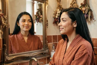 Femme aux cheveux noirs henné devant un miroir vintage dans une salle de bain en carrelage terracotta
