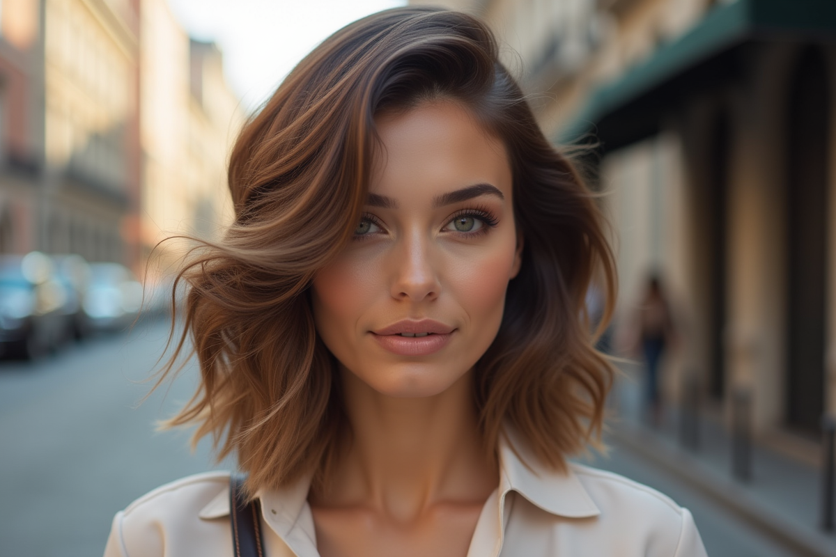 Femme élégante avec cheveux mi-longs en extérieur ensoleille