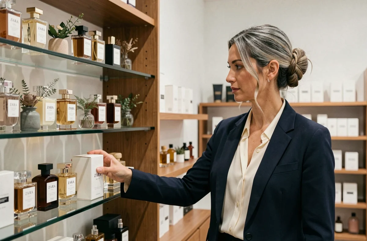 Femme élégante choisissant un parfum Zara en cadeau dans un espace de présentation raffiné avec des flacons sur des étagères en verre