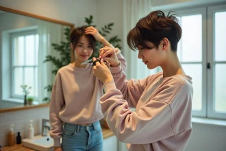 Femme en train de couper ses pointes dans la salle de bain