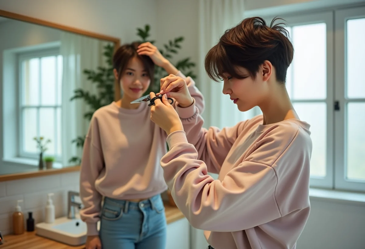 Femme en train de couper ses pointes dans la salle de bain