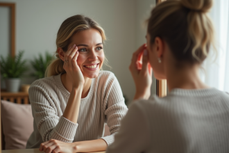 Femme élégante appliquant du maquillage dans une chambre chaleureuse