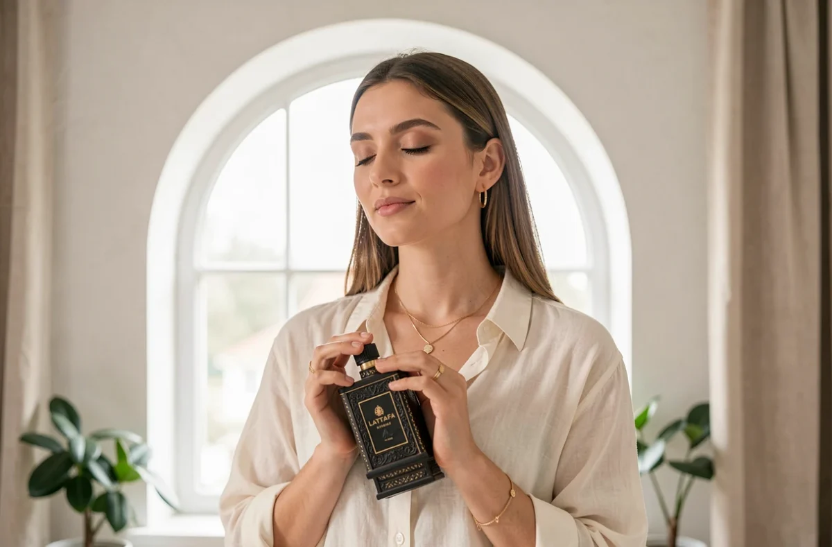 Jeune femme tenant un flacon de parfum Lattafa contre son décolleté les yeux fermés dans un appartement moderne lumineux