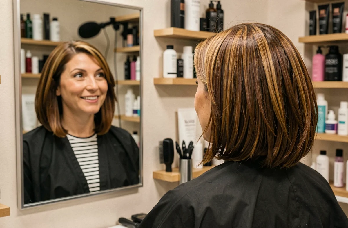 Femme de 40 ans découvrant son nouveau carré dégradé brun dans le miroir d'un salon de coiffure moderne, expression de satisfaction naturelle