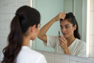 Femme utilisant un dermaroller sur le cuir chevelu devant un miroir de salle de bain, protocole soin cheveux 2026