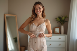 Femme élégante en robe ajustée dans une chambre chaleureuse