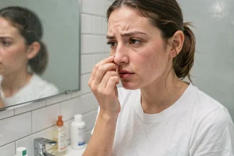 Jeune femme examinant son piercing nez avec légère rougeur visible autour du bijou dans une salle de bain propre