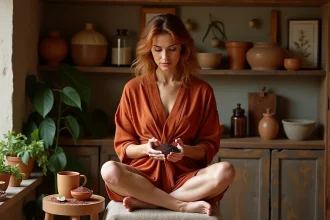 Femme aux cheveux teints au henné roux assis dans une salle de bain style apothicaire entourée de poudres végétales et d'herbes naturelles