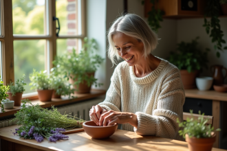 Femme arrangeant des feuilles de ravintsara dans la cuisine