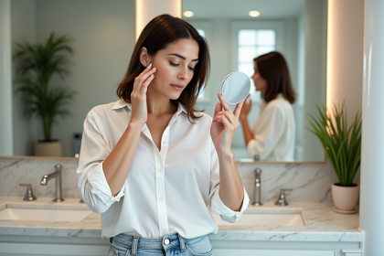 Femme d'âge moyen appliquant sa crème visage dans une salle de bain moderne