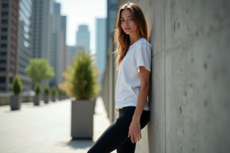 Femme en leggings noirs et t-shirt blanc dans la ville