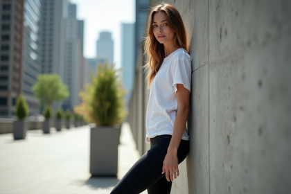 Femme en leggings noirs et t-shirt blanc dans la ville