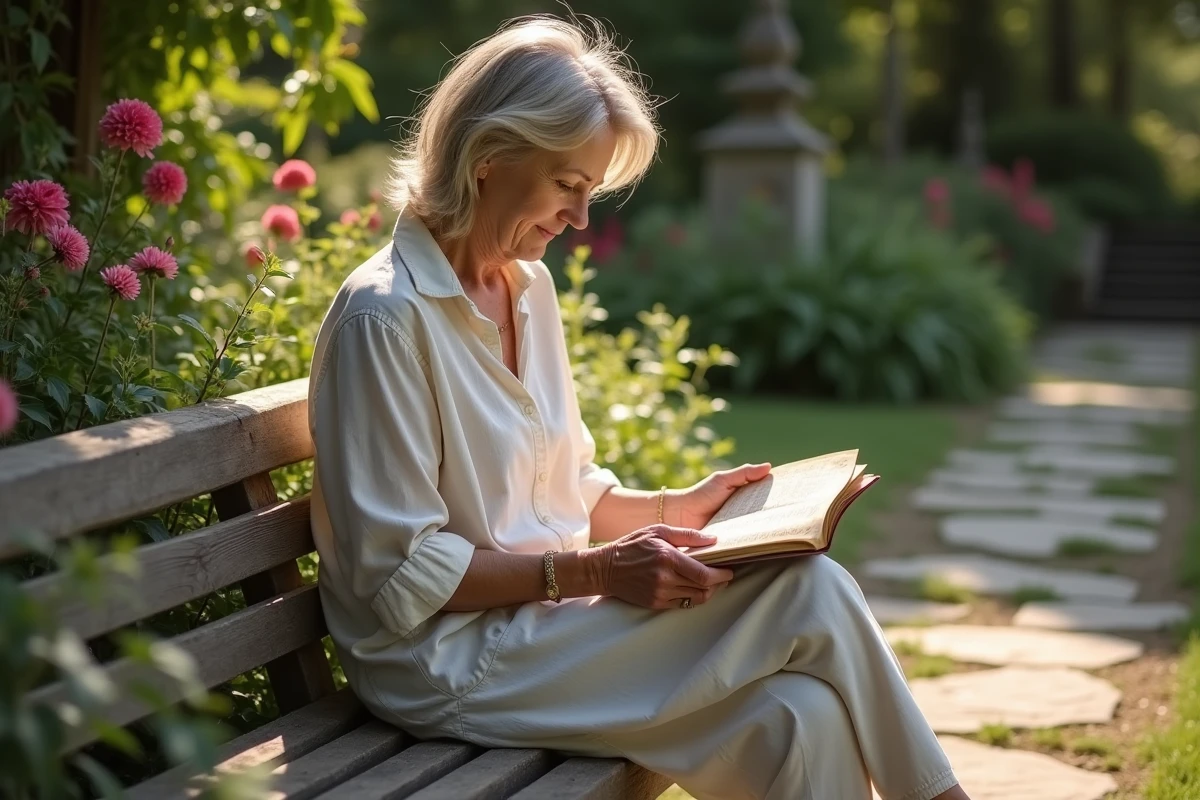 Femme lisant une vieille recette dans un jardin fleuri