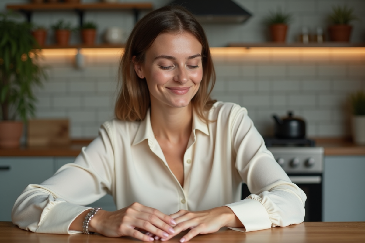 Femme souriante touchant ses ongles naturels dans une cuisine chaleureuse