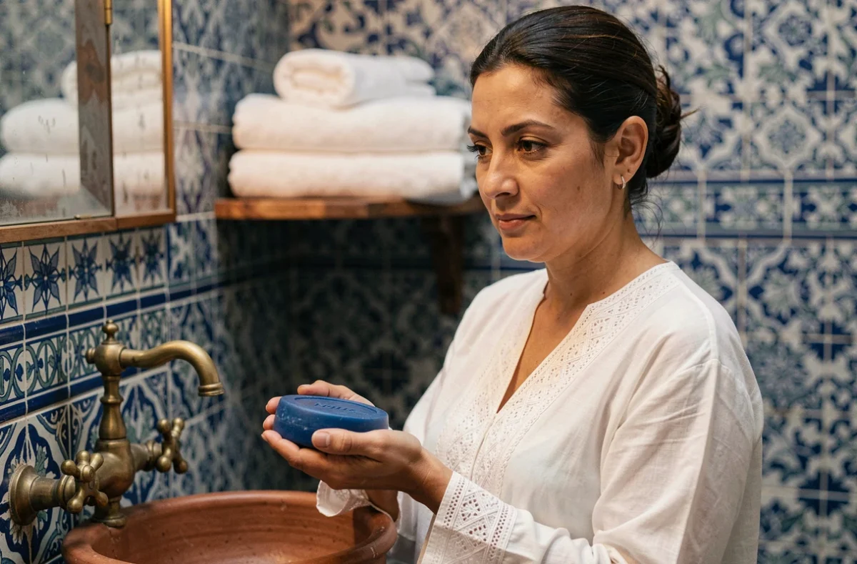 Femme marocaine tenant un savon Nila bleu dans un bain de riad aux mosaïques artisanales