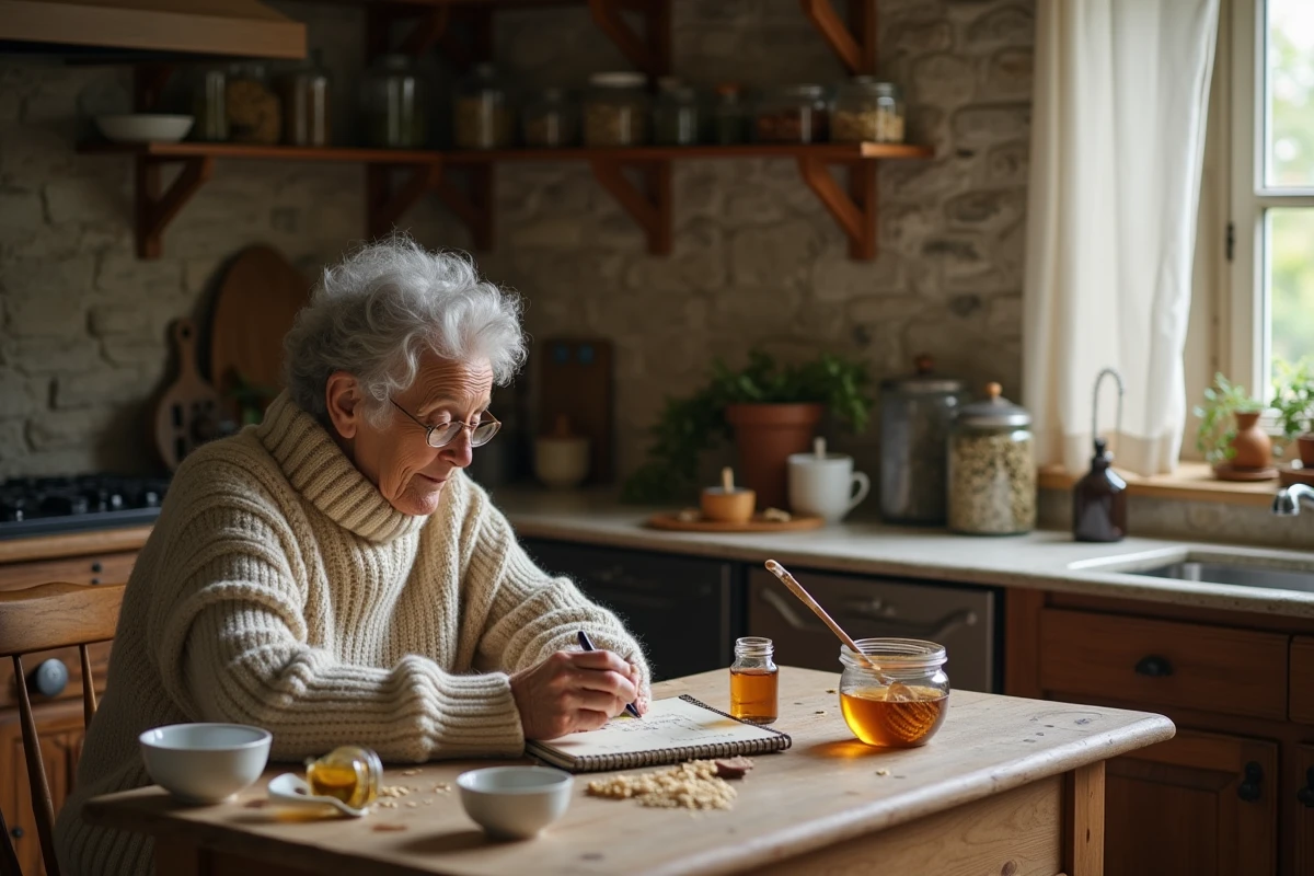 Femme âgée préparant un masque maison dans la cuisine