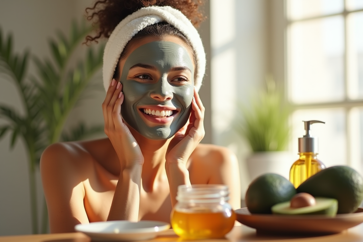Femme souriante portant un bandeau en peluche appliquant un masque visage naturel