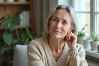 Femme de 50 ans se massant le menton dans un intérieur cosy