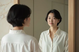 Femme regardant son reflet dans un miroir moderne